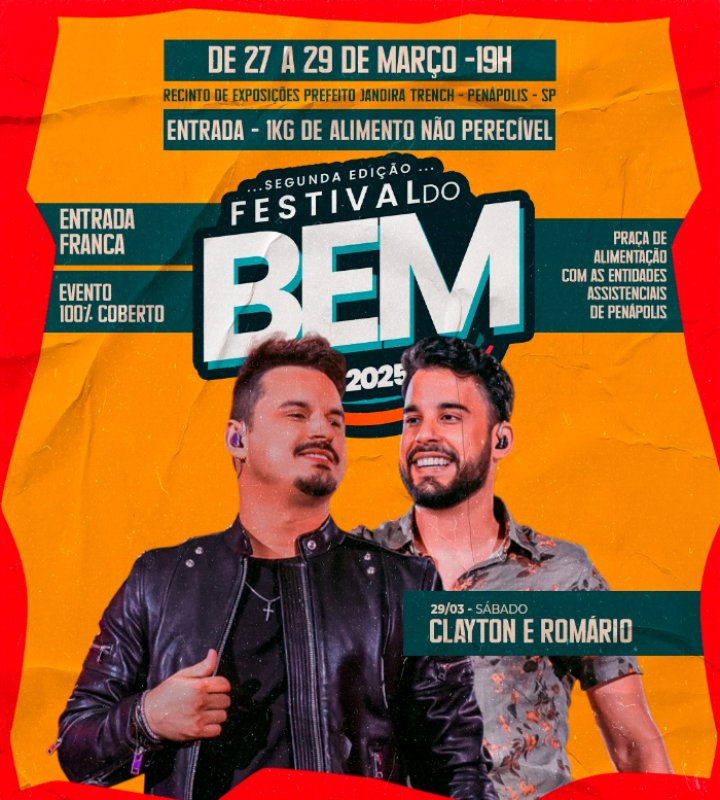 Show com a dupla Clayton & Romário encerra hoje o 2º Festival do Bem