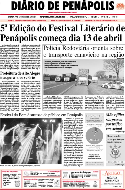 Capa do jornal DIÁRIO impresso desta terça-feira (01)
