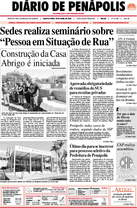 Capa do jornal DIÁRIO impresso desta quarta-feira (16)