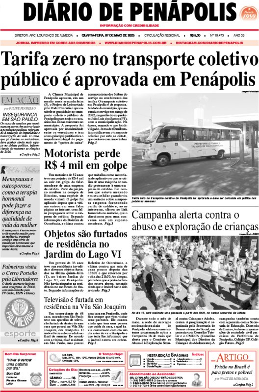 Capa do jornal DIÁRIO impresso desta quarta-feira (07)