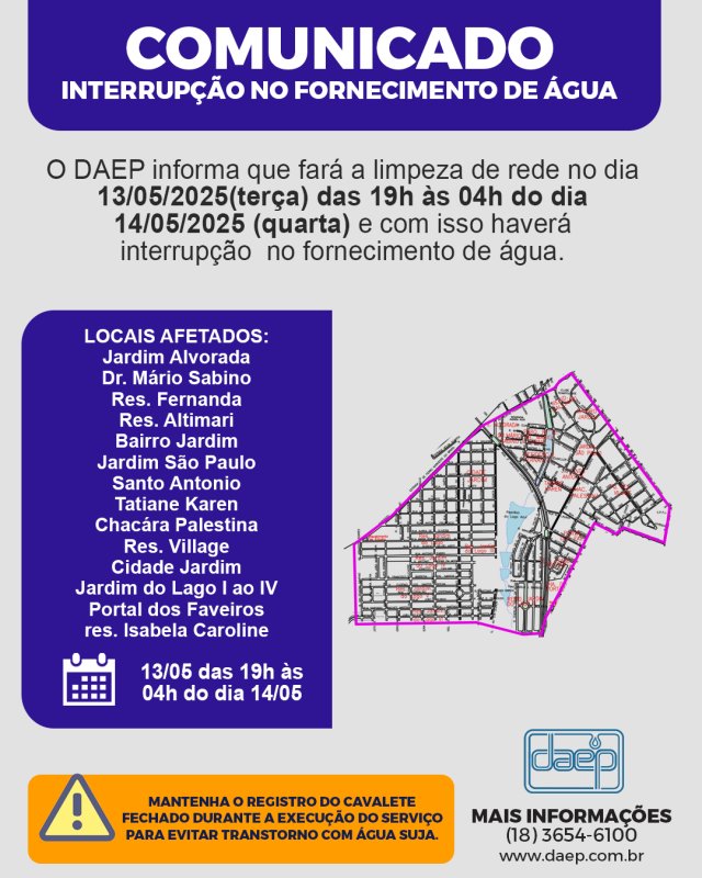 Daep comunica interrupção no fornecimento de água nesta terça