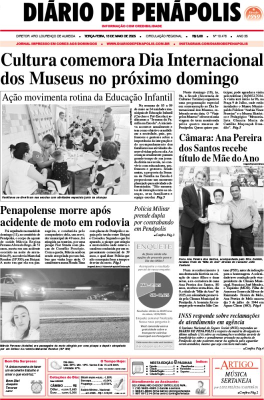 Capa do jornal DIÁRIO impresso desta terça-feira (13)
