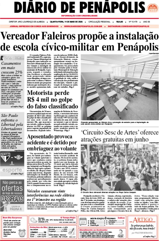Capa do jornal DIÁRIO impresso desta quarta-feira (14)