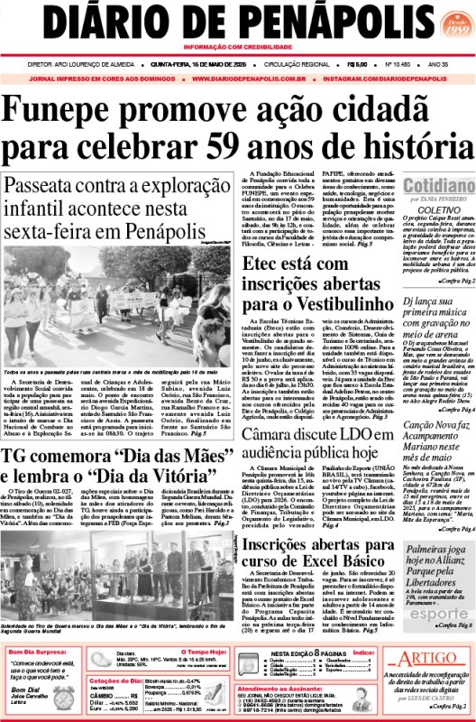 Capa do jornal DIÁRIO impresso desta quinta-feira (15)