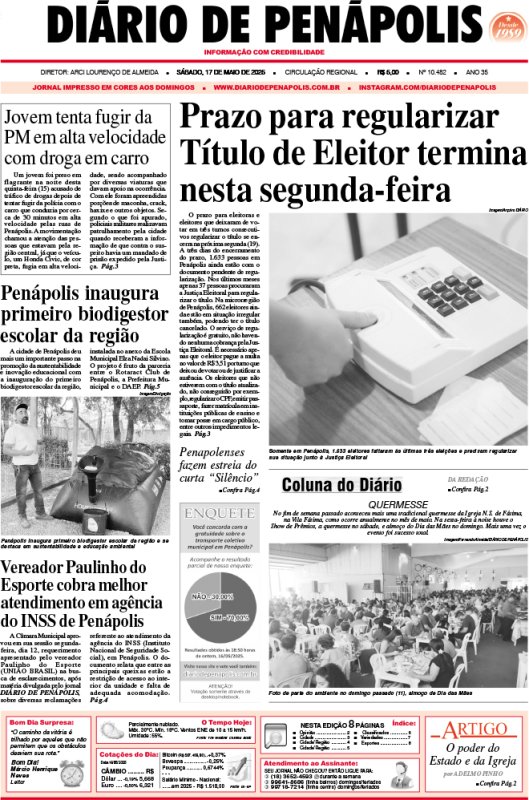 Capa do jornal DIÁRIO impresso desta sábado (17)