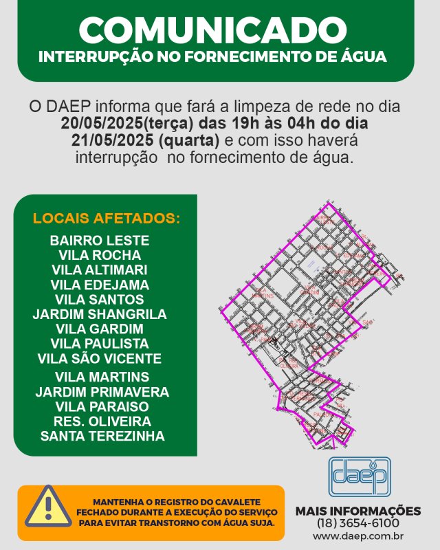Daep comunica interrupção no fornecimento de água nesta terça-feira