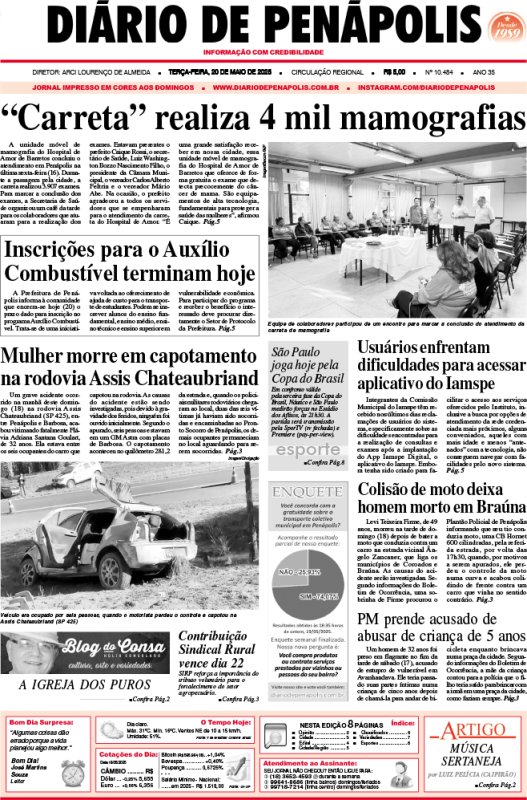 Capa do jornal DIÁRIO impresso desta terça-feira (20)