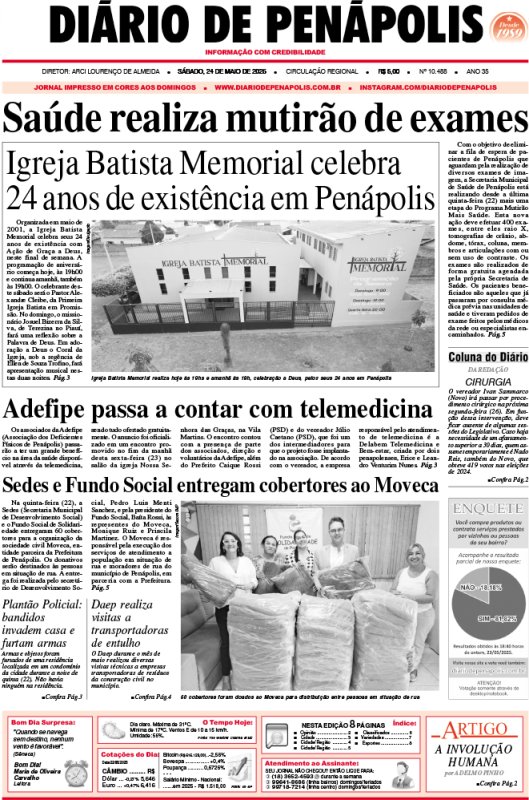 Capa do jornal DIÁRIO impresso deste sábado (24)