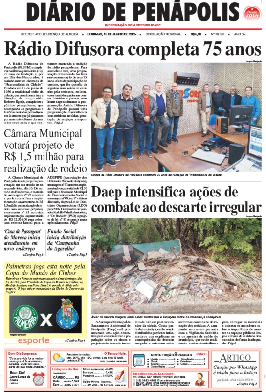 Capa do jornal DIÁRIO impresso deste domingo (15)