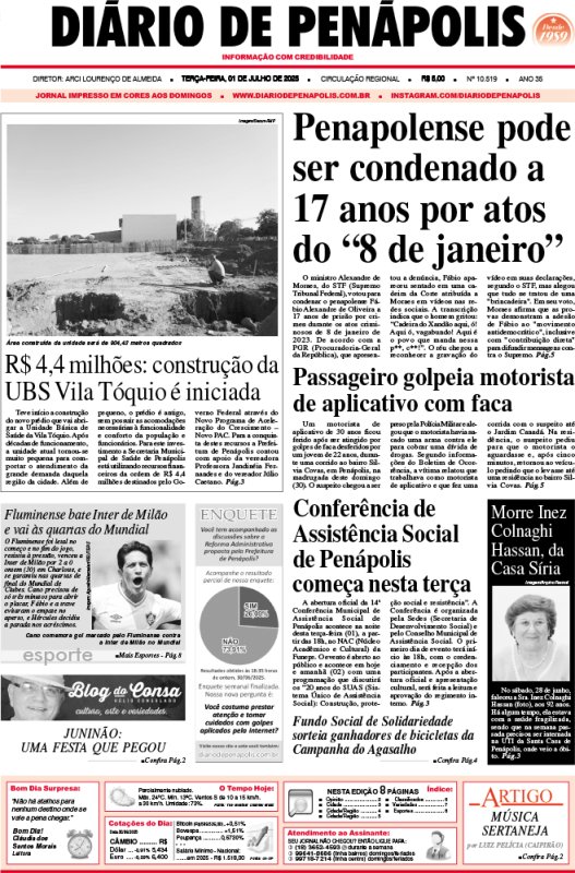 Capa do jornal DIÁRIO impresso desta terça-feira (01)