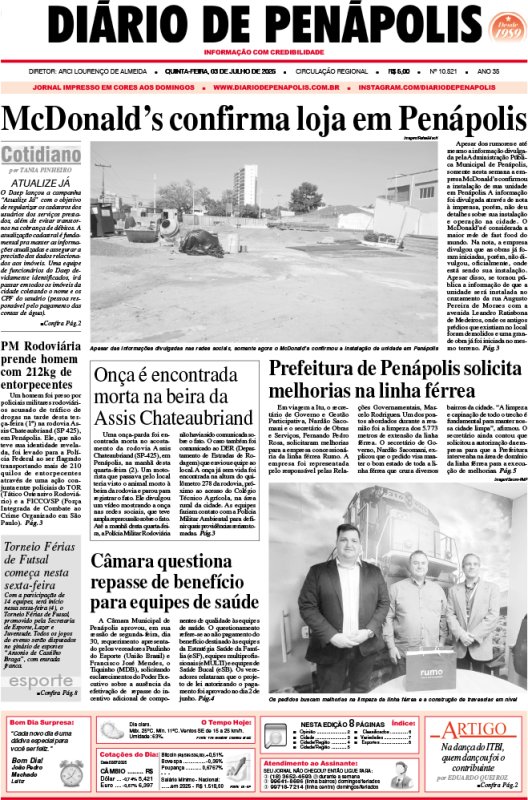Capa do jornal DIÁRIO impresso desta quinta-feira (03)