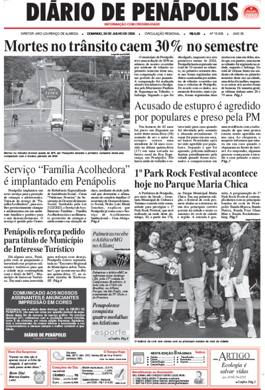 Capa do jornal DIÁRIO impresso deste domingo (20)