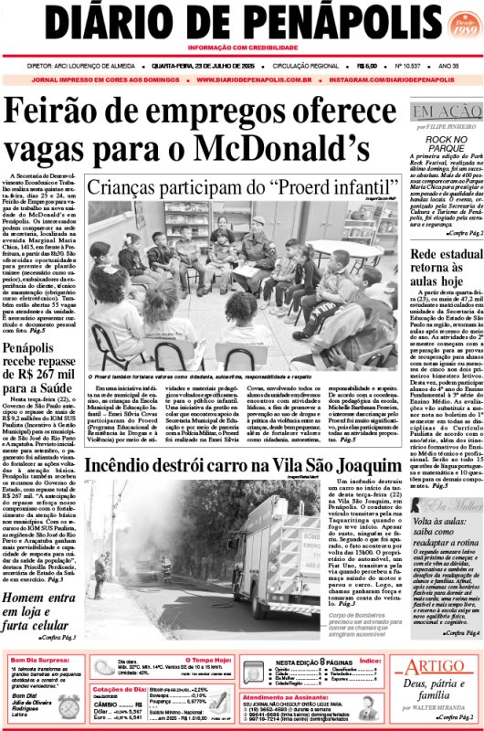 Capa do jornal DIÁRIO impresso desta quarta-feira (23)