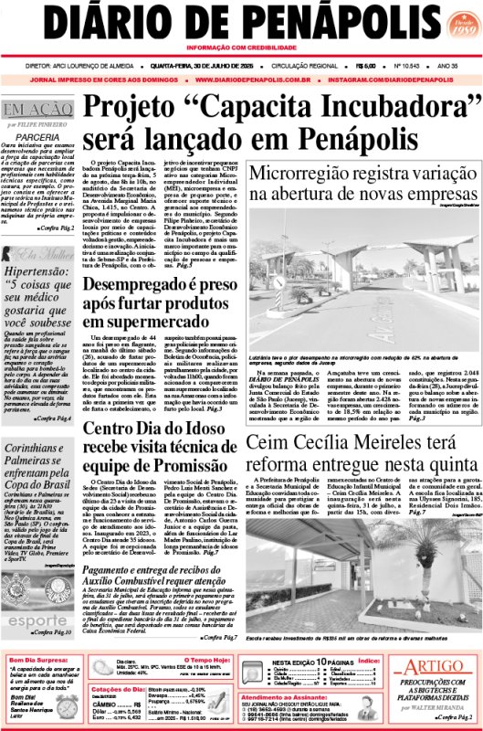 Capa do jornal DIÁRIO impresso desta quarta-feira (30)