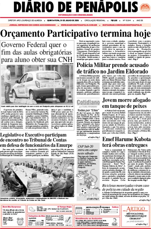 Capa do jornal DIÁRIO impresso desta quinta-feira (31)