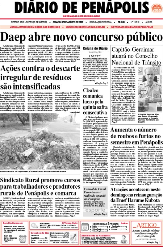 Capa do jornal DIÁRIO impresso deste sábado (02)
