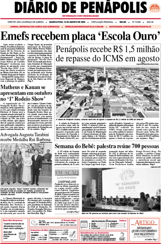 Capa do jornal DIÁRIO impresso desta quarta-feira (13)