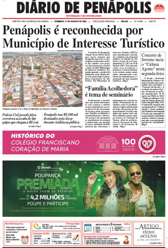 Capa do jornal DIÁRIO impresso desta domingo (17)