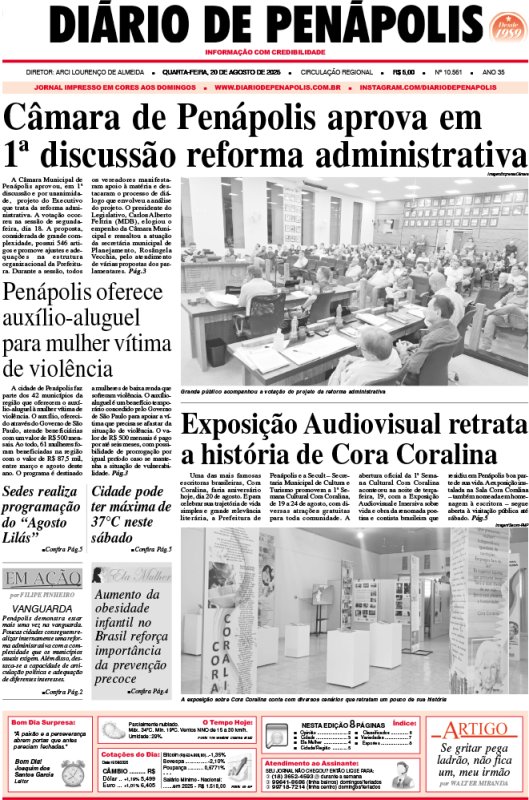 Capa do jornal DIÁRIO impresso desta quarta-feira (20)