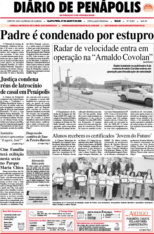 Capa do jornal DIÁRIO impresso desta quarta-feira (27)