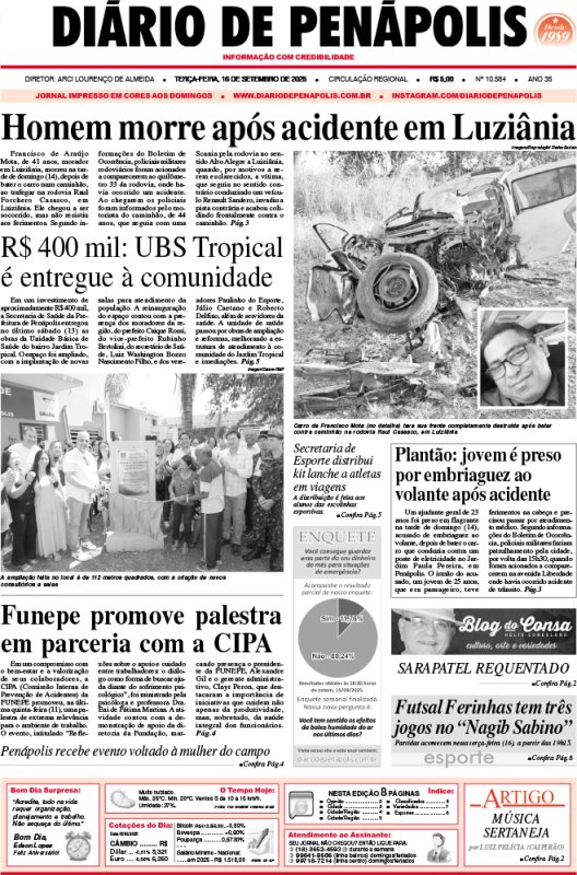 Capa do jornal DIÁRIO impresso desta terça-feira (16)