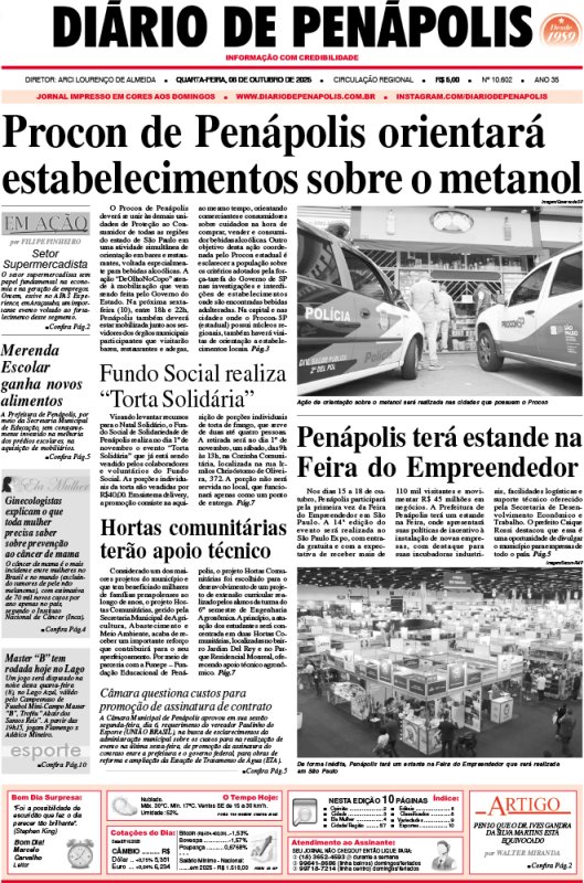 Capa do jornal DIÁRIO impresso desta quarta-feira (08)