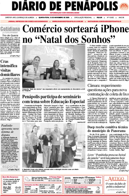 Capa do jornal DIÁRIO impresso desta quinta-feira (13)