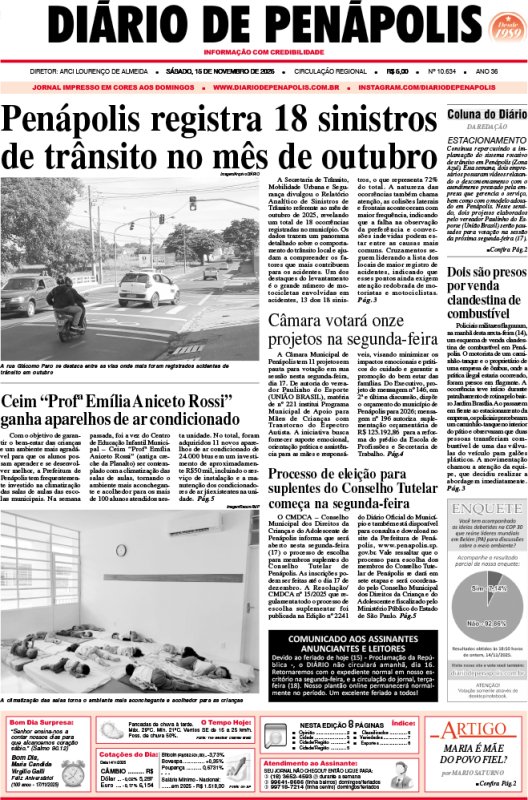 Capa do jornal DIÁRIO impresso deste sábado (15)