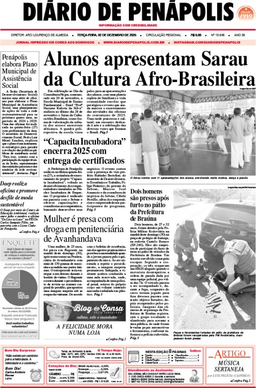 Capa do jornal DIÁRIO impresso desta terça-feira (02)