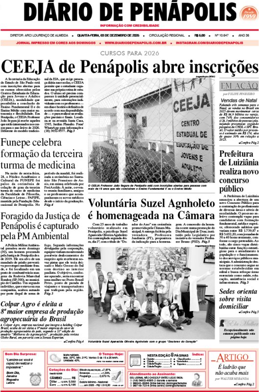 Capa do jornal DIÁRIO impresso desta quarta-feira (03)