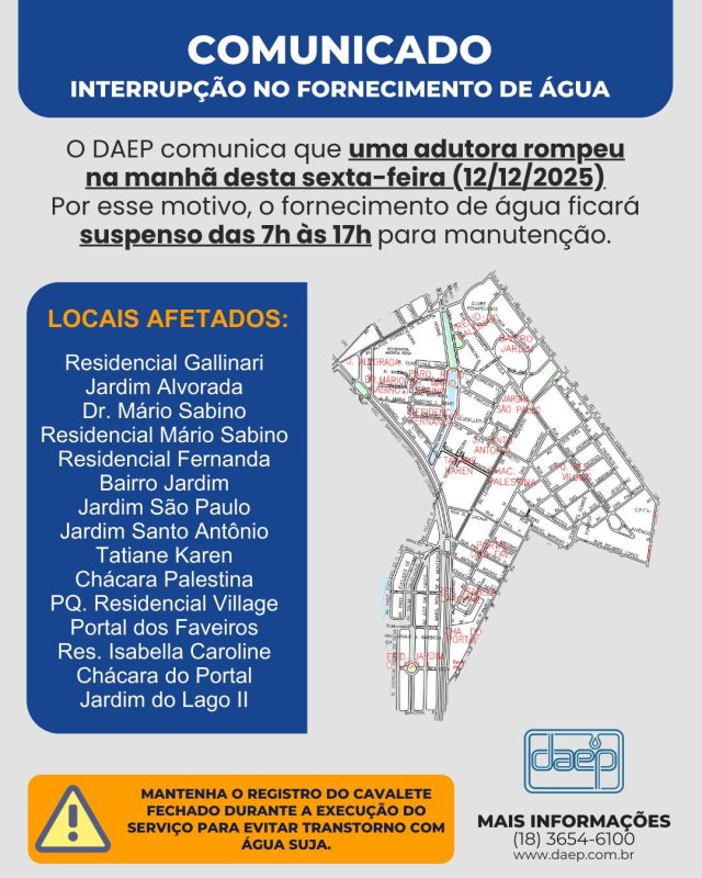 DAEP INFORMA INTERRUPÇÃO NO ABASTECIMENTO