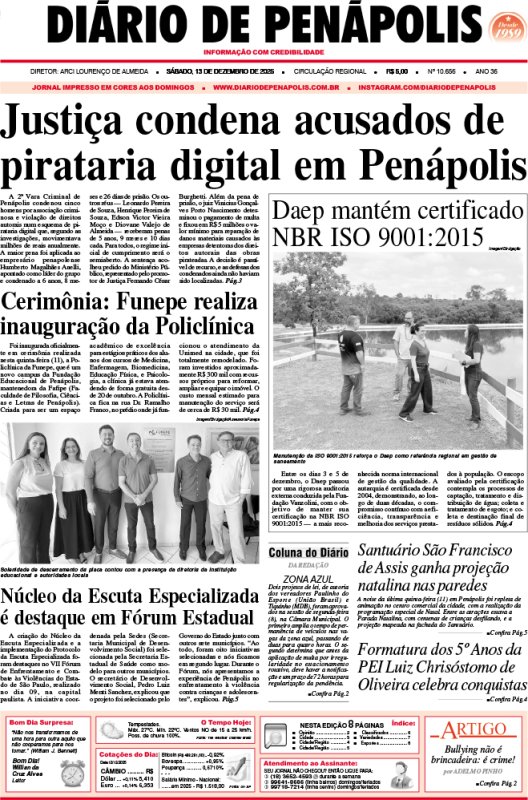 Capa do jornal DIÁRIO impresso deste sábado (13)