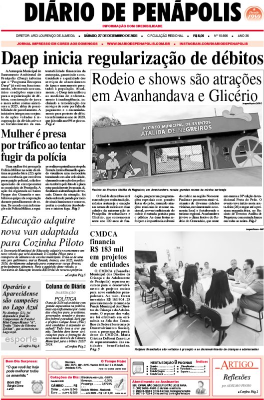 Capa do jornal DIÁRIO impresso deste sábado (27)