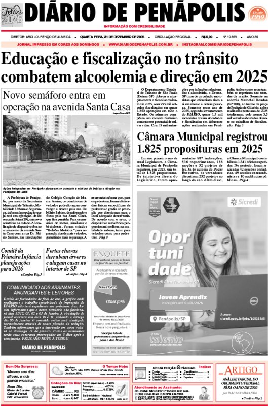 Capa do jornal DIÁRIO impresso desta quarta-feira (31)