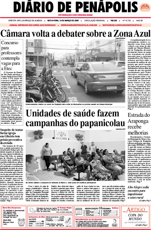 Capa do jornal DIÁRIO impresso desta sexta-feira (13)