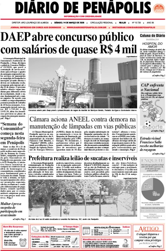 Capa do jornal DIÁRIO impresso deste sábado (14)
