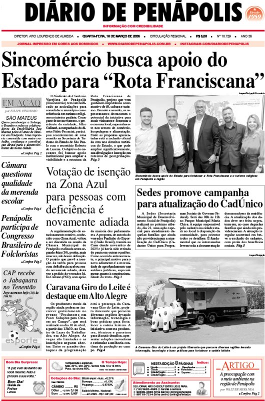 Capa do jornal DIÁRIO impresso desta quarta-feira (18)