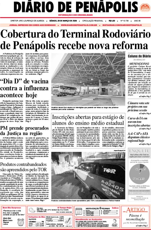 Capa do jornal DIÁRIO impresso deste sábado (28)
