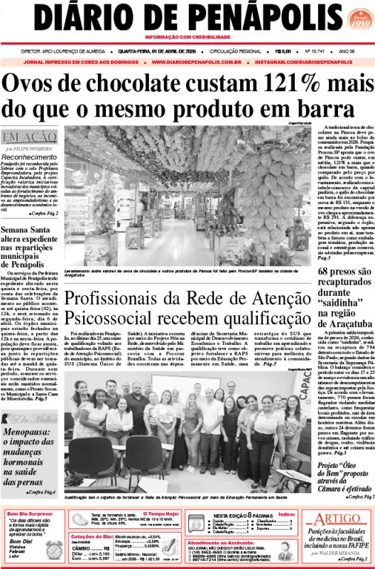 Capa do jornal DIÁRIO impresso desta quarta-feira (01)