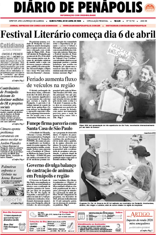 Capa do jornal DIÁRIO impresso desta quinta-feira (02)