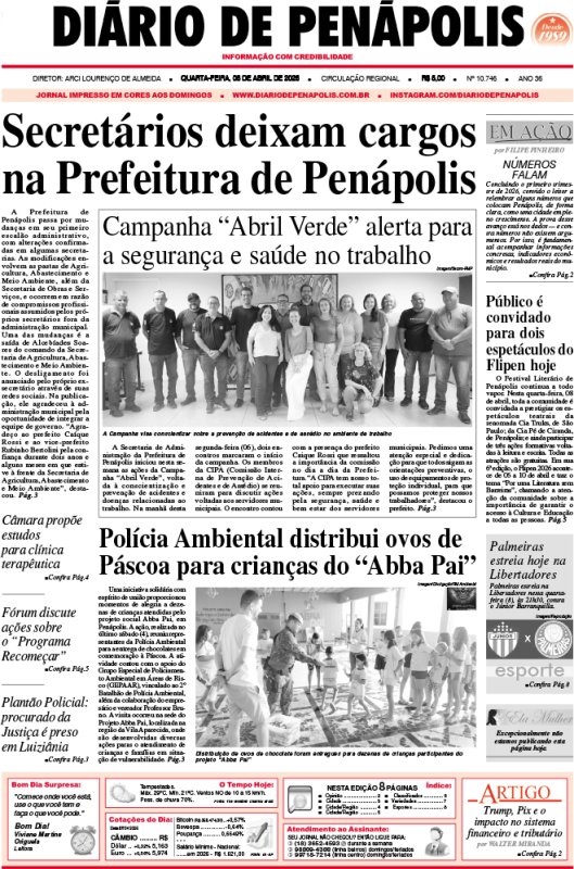 Capa do jornal DIÁRIO impresso desta quarta-feira (08)