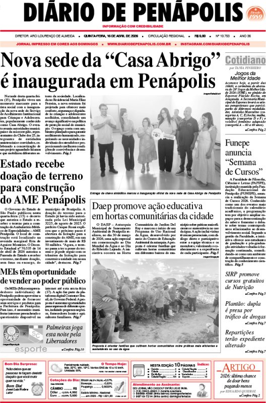 Capa do jornal DIÁRIO impresso desta quinta-feira (16)