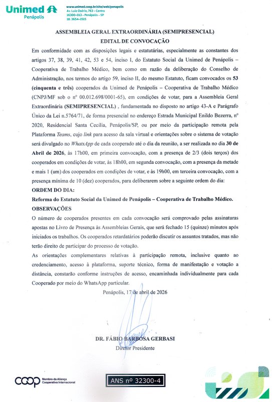 EDITAL UNIMED PENÁPOLIS