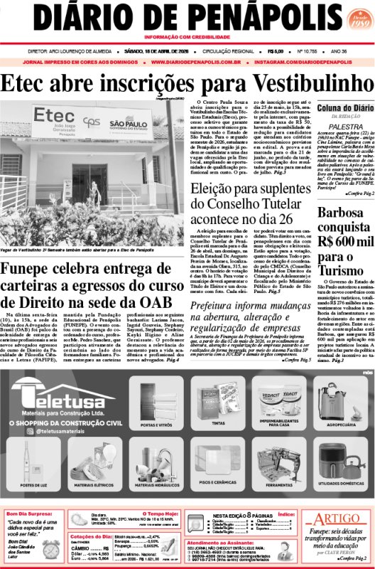 Capa do jornal DIÁRIO impresso deste sábado (18)