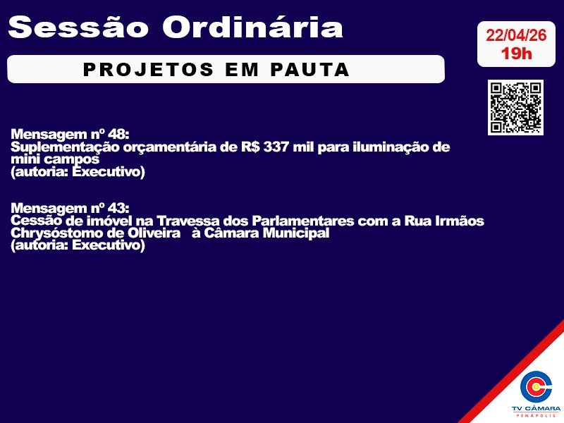Câmara Municipal tem dois projetos para votação na quarta-feira