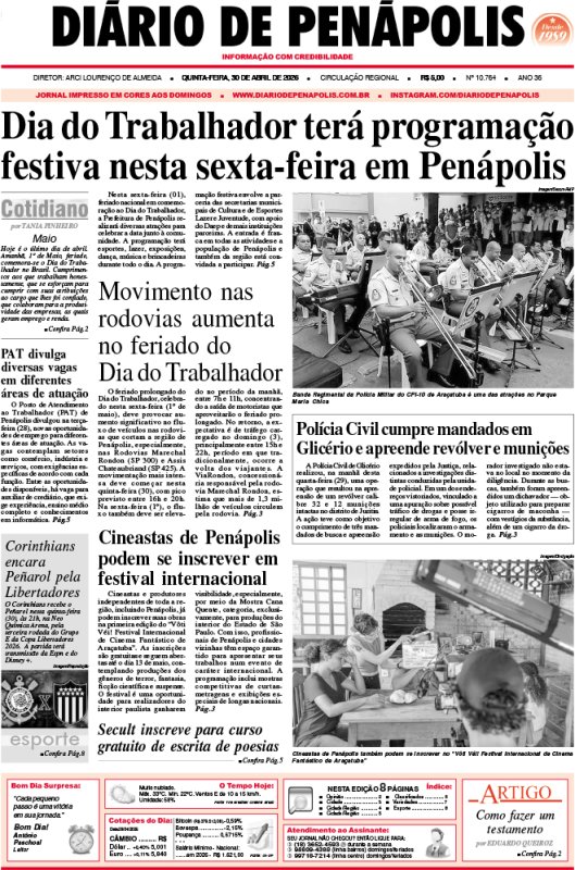 Capa do jornal DIÁRIO impresso desta quinta-feira (30)