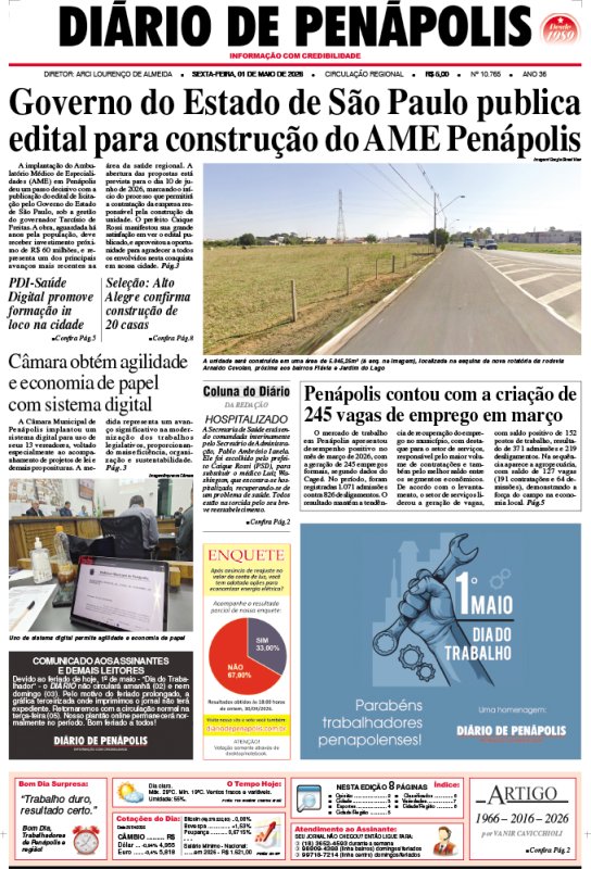 Capa do jornal DIÁRIO impresso desta sexta-feira (1º de Maio)