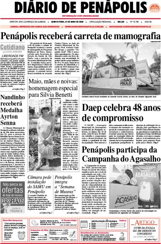 Capa do jornal DIÁRIO impresso desta quinta-feira (21)