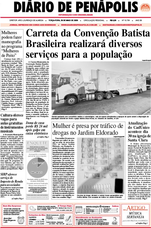 Capa do jornal DIÁRIO impresso desta terça-feira (26)