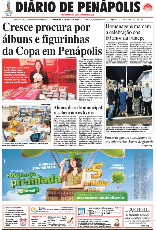 Capa do jornal DIÁRIO impresso deste domingo (31)
